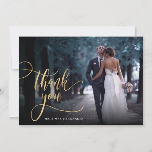 Stilvolle Gold Script 2 Foto Wedding Dankeschön Ca Dankeskarte (Vorderseite)