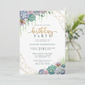 Stilvolle Gold Script & Succulents Geburtstagspart Einladung (Stehend Vorderseite)