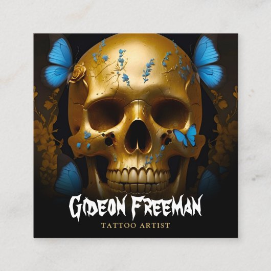 Stilvolle Gold Skull Butterflies Tattoo Artist Quadratische Visitenkarte (Vorderseite)