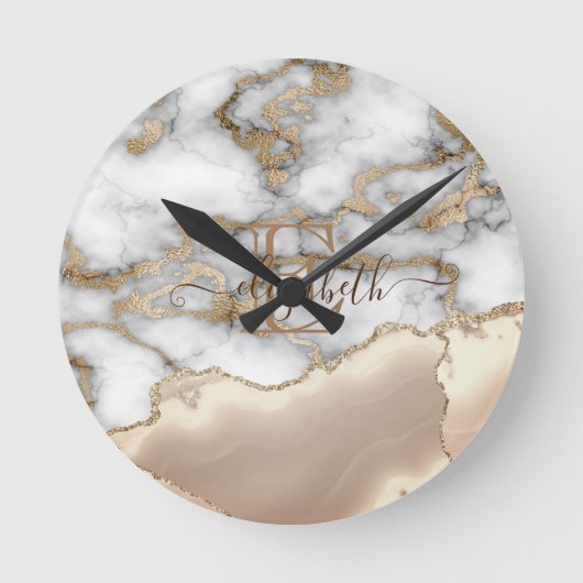 Stilvolle Goldcreme-Marmor-Monogram Runde Wanduhr (Vorderseite)