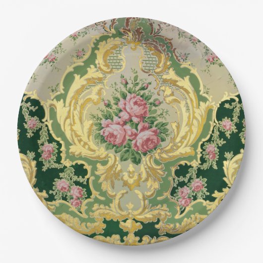 Stilvolle Golden Baroque Rokoko Pink Roses Wedding Pappteller (Vorderseite)