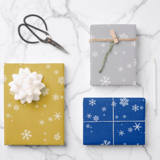 Stilvolle Golden Blue Snowflake Weihnachtsfeiertag Geschenkpapier Set (Vorderseite)