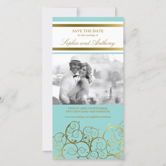 Stilvolle Goldene Spiralen Save the Date Fotokarte (Vorderseite)