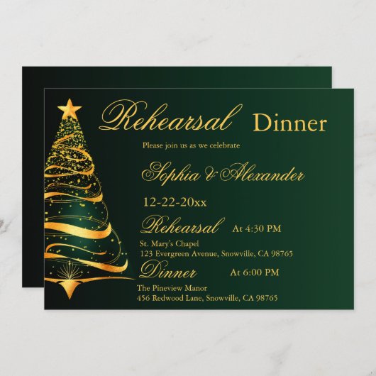 Stilvolle Goldene Weihnachtsbaumhochzeit Probe Einladung (Vorne/Hinten)