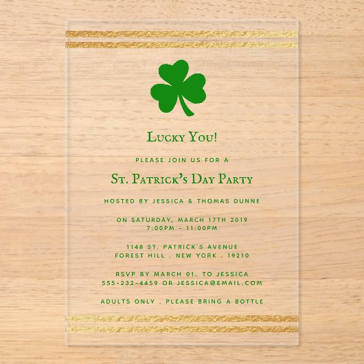 Stilvolle Goldenen Foil St. Patrick's Day Acryleinladungen (Vorderseite)