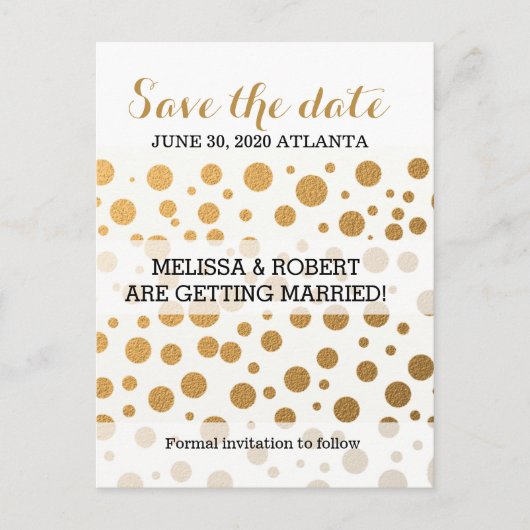 Stilvolle Goldfoil Confetti Dots | Save The Date Ankündigungspostkarte (Vorderseite)