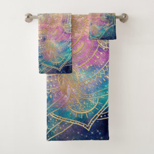 Stilvolle Goldmandala Wasserfarbe & Nebel Farblich Badhandtuch Set