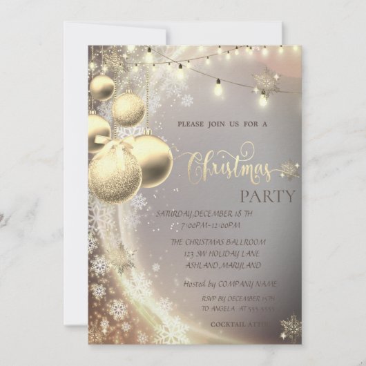Stilvolle Goldschneeflocken, Bälle, Lichter Weihna Einladung (Vorderseite)