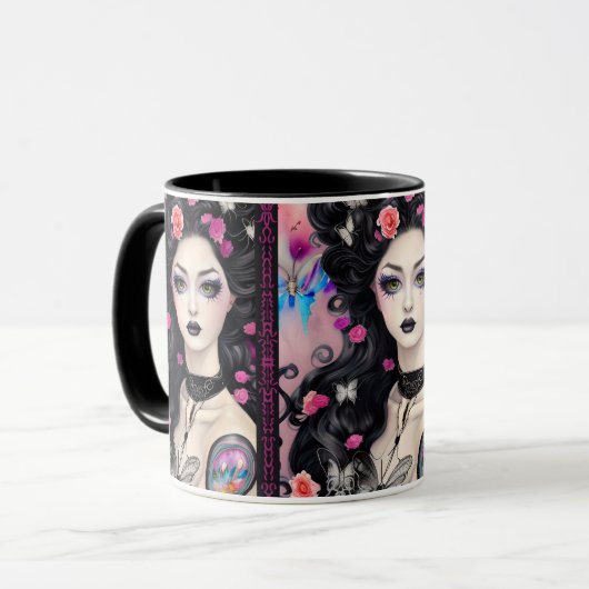 Stilvolle Goth Tattoo Girl Black and Pink Tasse (Vorderseite Links)