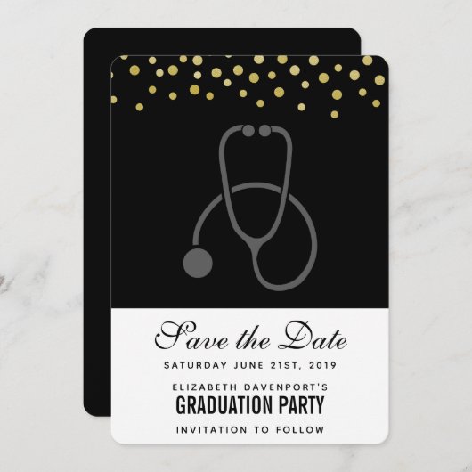 Stilvolle Graduation Party Gray auf Black Stethosc Save The Date (Vorne/Hinten)