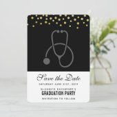 Stilvolle Graduation Party Gray auf Black Stethosc Save The Date (Stehend Vorderseite)