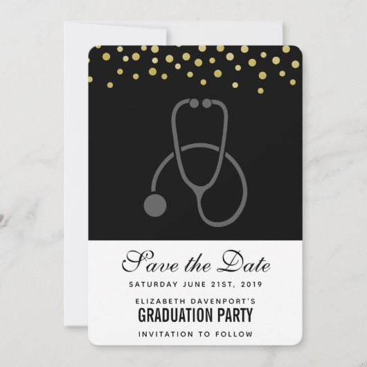 Stilvolle Graduation Party Gray auf Black Stethosc Save The Date (Vorderseite)