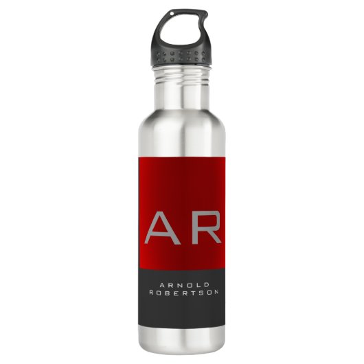 Stilvolle, grau-rote Trendy Monogram-Name Edelstahlflasche (Vorderseite)