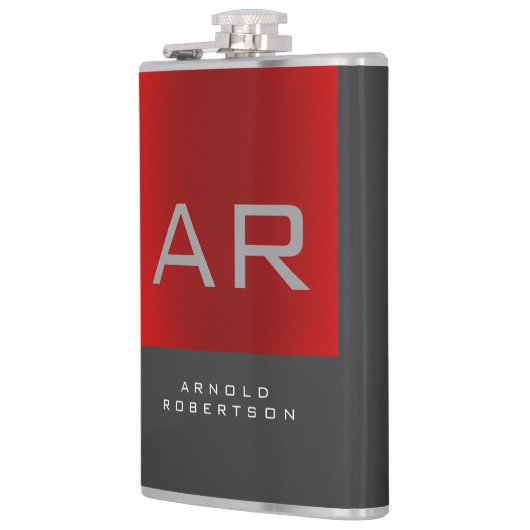 Stilvolle, grau-rote Trendy Monogram-Name Flachmann (Links)