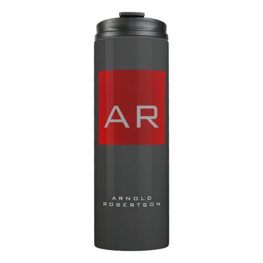 Stilvolle, grau-rote Trendy Monogram-Name Thermosbecher (Vorderseite)