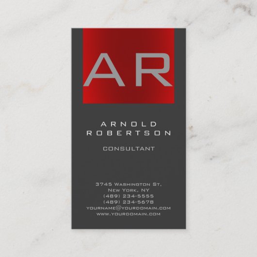 Stilvolle Gray Red Stripe Monogram Business Card Visitenkarte (Vorderseite)