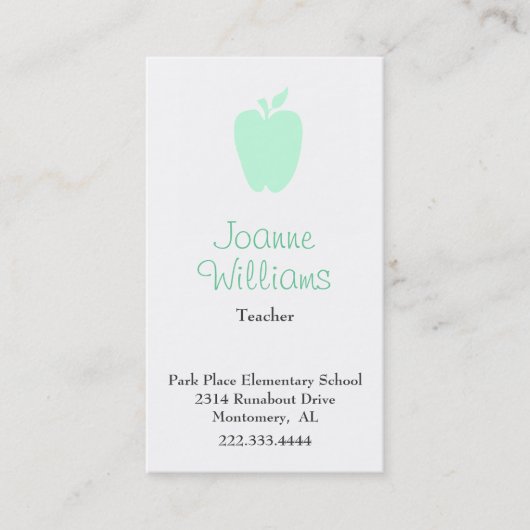 Stilvolle Green Apple Teacher Business Card Terminkarte (Vorderseite)