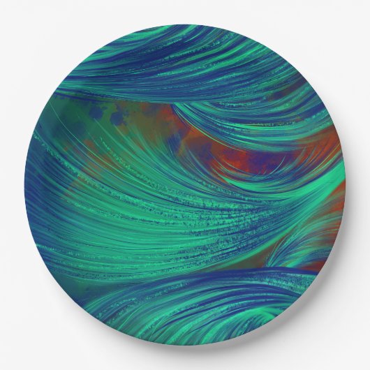 Stilvolle Green Blue Abstrakt Feathers Pappteller (Vorderseite)