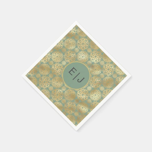 Stilvolle Green & Gold Dahlias Muster Monogram Serviette (Ecke)