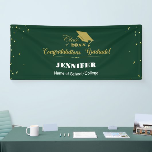 Stilvolle Green Gold Script Glückwunsch Abschluss Banner (Messe)