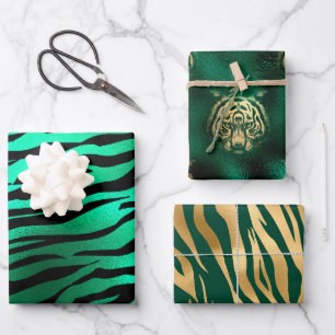 Stilvolle Green & Gold Tiger Gesicht und Streifen  Geschenkpapier Set