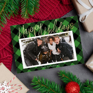 Stilvolle Green Kariert Foto Foil Holiday Card Folien Feiertagskarte