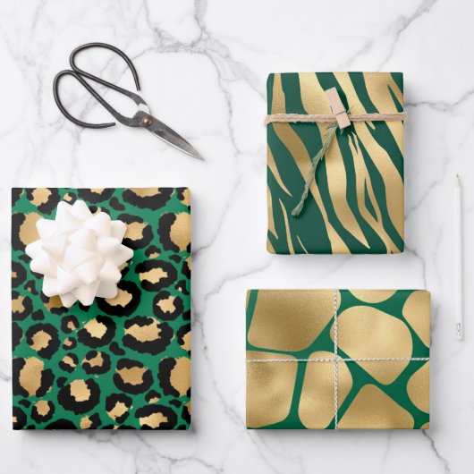 Stilvolle Green und Gold Safari Wild Animal Patter Geschenkpapier Set (Vorderseite)
