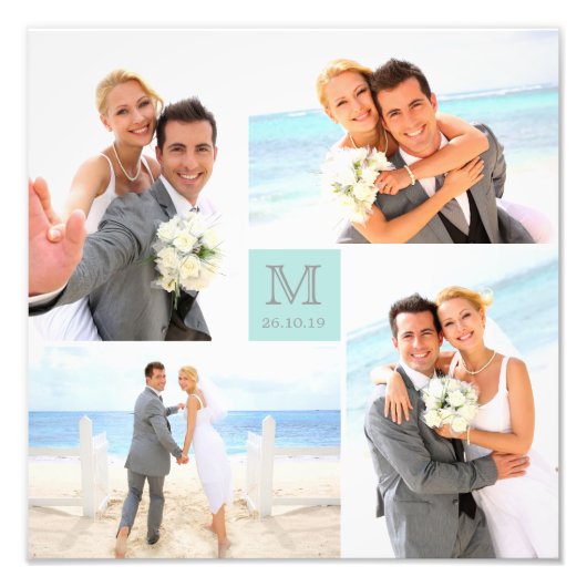 Stilvolle Grid Blue Square Monogram 4 Foto Wedding (Vorne)