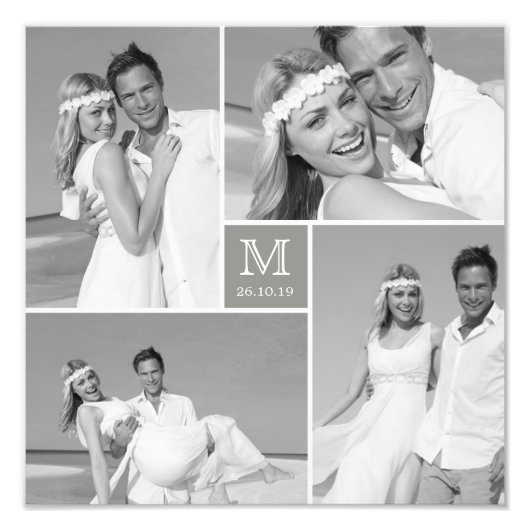 Stilvolle Grid Gray Square Monogram 4 Foto Wedding (Vorne)