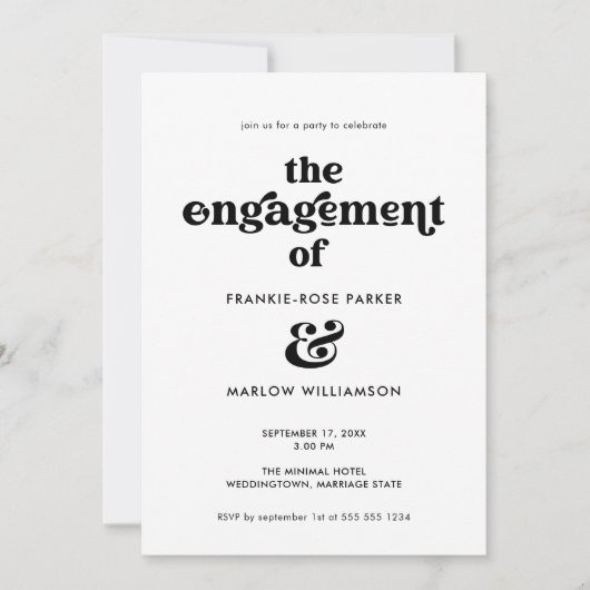 Stilvolle Groovy Retro Schwarz-weiße Engagement Pa Einladung (Vorderseite)