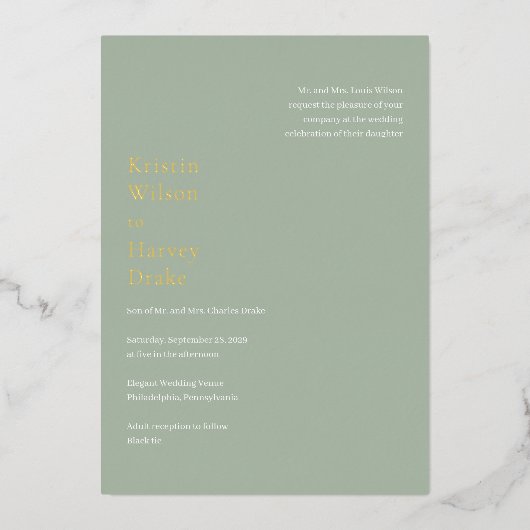 Stilvolle Grün Moderne Hochzeit Folieneinladung (Vorderseite)