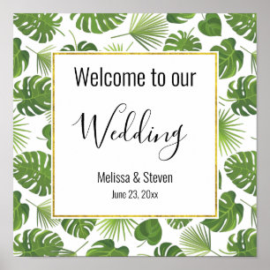 Stilvolle Grün-Tropen-Blätter-Muster Hochzeit Poster