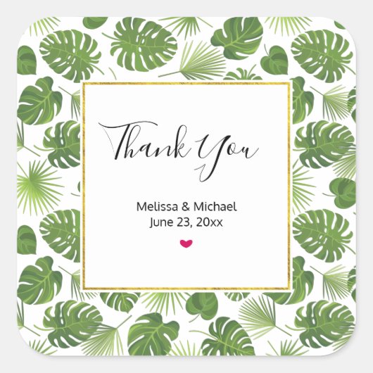 Stilvolle Grün-Tropen-Blätter-Muster Hochzeit Quadratischer Aufkleber (Vorderseite)