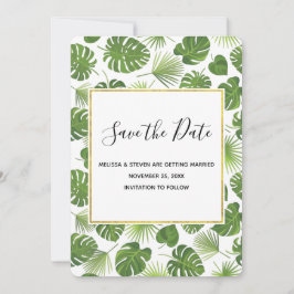 Stilvolle Grün-Tropen-Blätter-Muster Hochzeit Save The Date