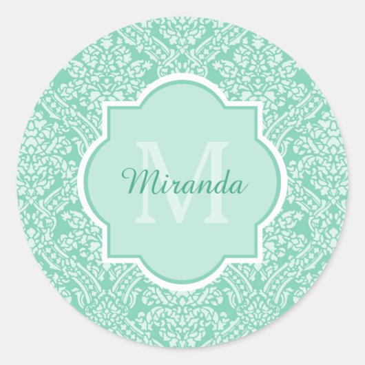 Stilvolle grüne Damaskus-Monogramm mit Namen Runder Aufkleber (Vorderseite)