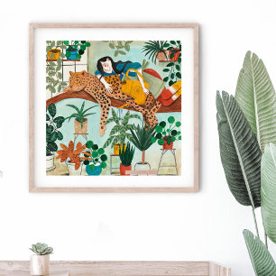 Stilvolle grüne Mädchen tropische Leopard Dschunge Poster