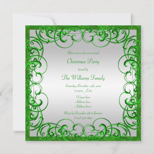 Stilvolle grüne Schnörkel & Wirbel Weihnachten Einladung (Rückseite)