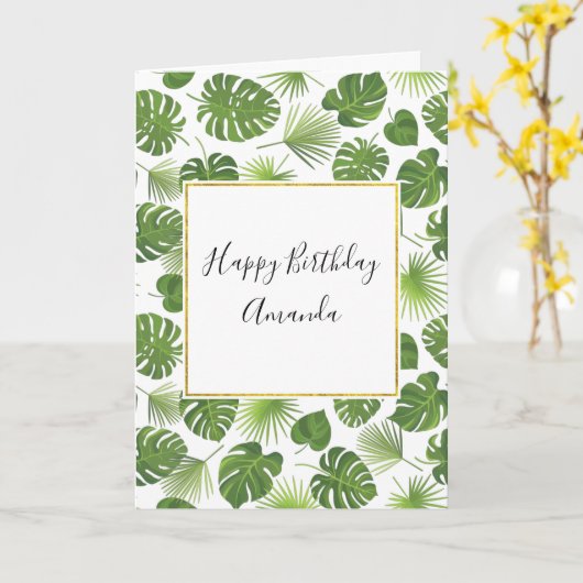 Stilvolle grüne tropische Blätter Muster Geburtsta Karte (Gelbe Blume)