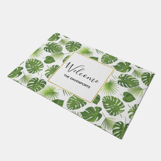 Stilvolle Grüne Tropische Blätter Muster Willkomme Fußmatte (Schrägansicht)