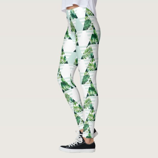 Stilvolle, grüne tropische Dreiecke Geometrie Leggings (Links)
