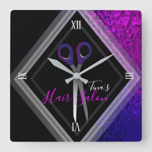 Stilvolle Hair Salon Moderne Lila & Schwarz Modern Quadratische Wanduhr