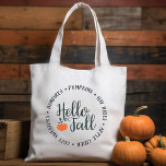 Stilvolle Hallo Herbst Klassischer Herbst Tragetasche<br><div class="desc">Diese stilvolle Tote-Tasche ist mit einem wunderschön geschriebenen "Hello Fall" mit einem orangefarbenen Kürbis in einem Kreis von Lieblingsaktivitäten des Herbstes ausgestattet: Bonfire,  Pumpkins,  Hay-Rides,  Apple Cider und Cosy Sweaters.</div>