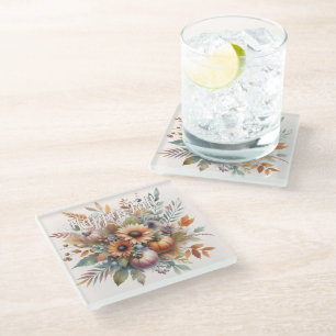 Stilvolle Happy Fall Pumpkin Blume Bouquet Motif Glasuntersetzer