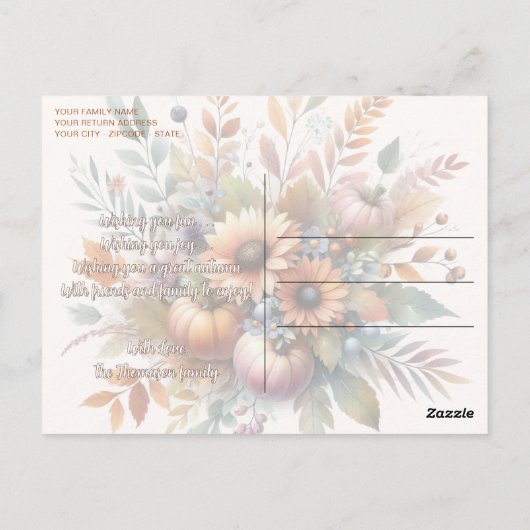Stilvolle Happy Fall Pumpkin Blume Bouquet Motif Postkarte (Rückseite)
