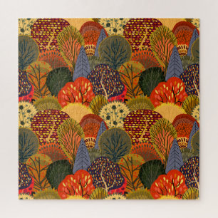 Stilvolle Herbstbäume, helle Waldmuster. Puzzle