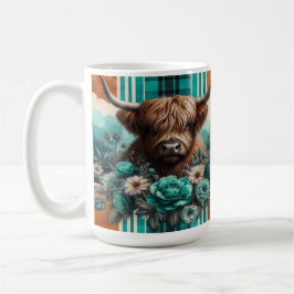 Stilvolle Hochlandkuh mit Blumen und Geometrie Kaffeetasse