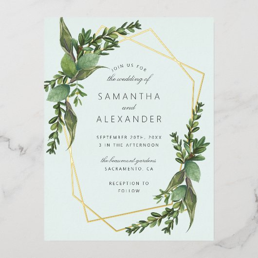 Stilvolle Hochzeit im Grünen Mint & Gold Geometric Folie Einladungspostkarte (Vorderseite)