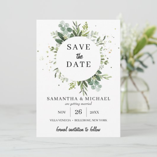 Stilvolle Hochzeit im Grünen retten das Datum Save The Date (Stehend Vorderseite)