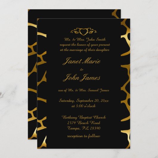 Stilvolle Hochzeit in Gold & Black Giraffe Muster Einladung (Vorne/Hinten)