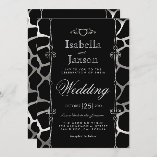 Stilvolle Hochzeit in Silver & Black Giraffe Muste Einladung (Vorne/Hinten)